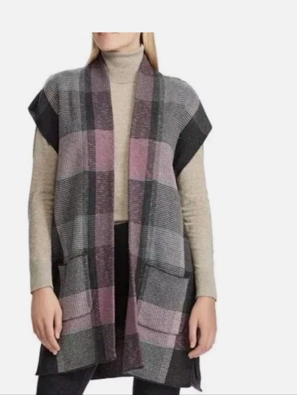 Chaps Gray/Purple Plaid Open Sweater Vest